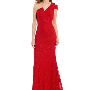 Betsy & Adam Lace One Shoulder Gown Size 6 Red